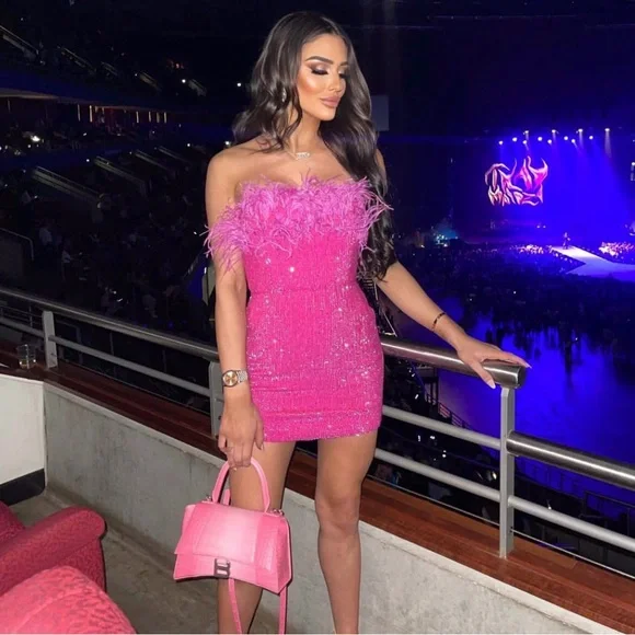 NWT Retroféte Torin Sequin Bandeau Ostrich-trim Mini Dress In Pink. Size Large
